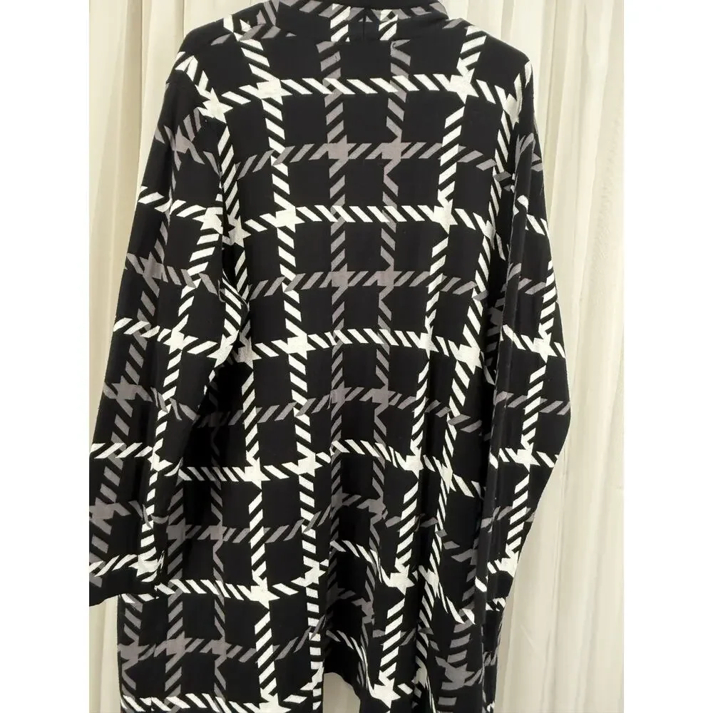 Kasper 1X Open Front Long Cardigan | Black Gray White Plaid Knit - Picture 3 of 3